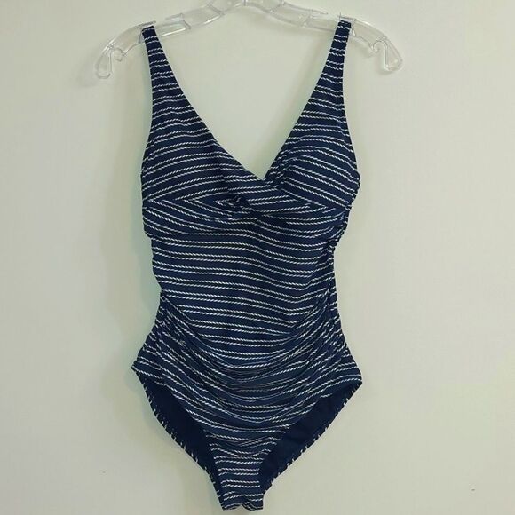 Bond-eye NipTuck Navy Blue Nautical Rope Stripe Side Ruched One-Piece Swimsuit 6 - Picture 1 of 9